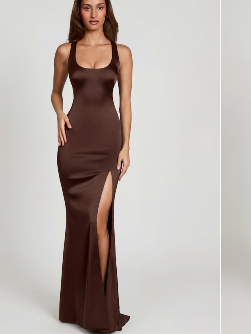 Oh Polly Sleek Scoop-Neck Maxi Dress — Chocolate Brown